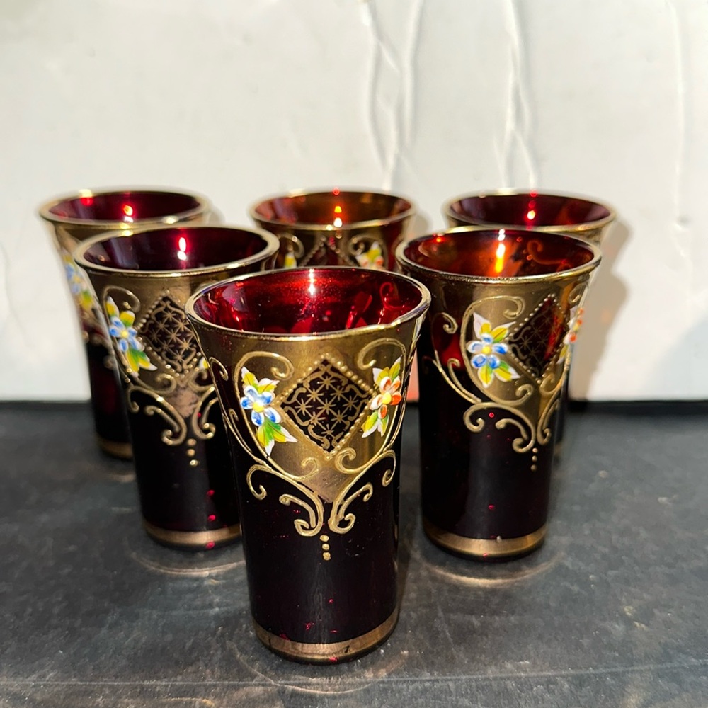 Vintage set of 6 Small Bohemian Venetian Ruby Red And Gold Glasses shot glasses